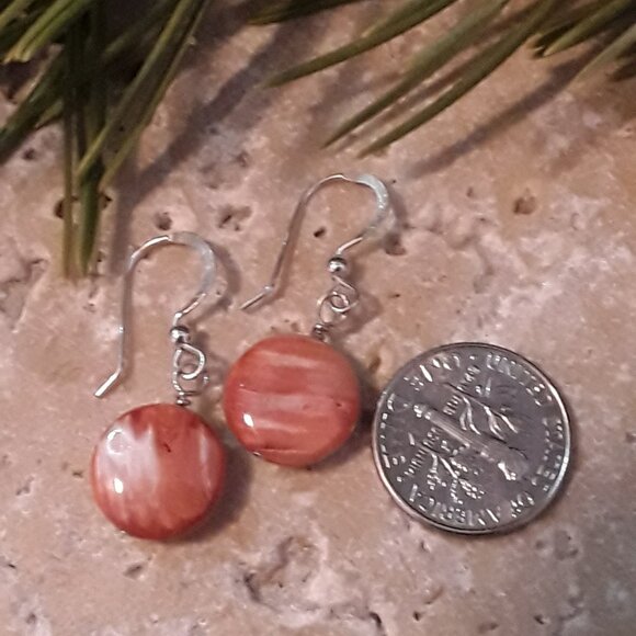 Native American Sterling & Orange Spiny Oyster Shell Earrings Ear Wires - Picture 3 of 4